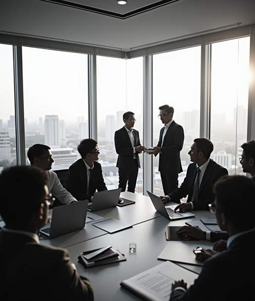 Founders meeting in a boardroom